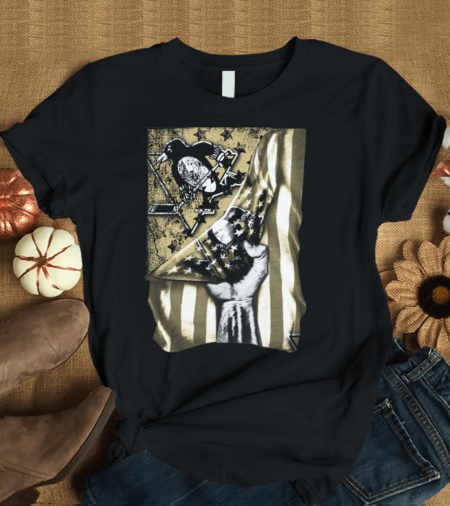 Pittsburgh Penguins Logo with American Flag and Raised Fist T-Shirt