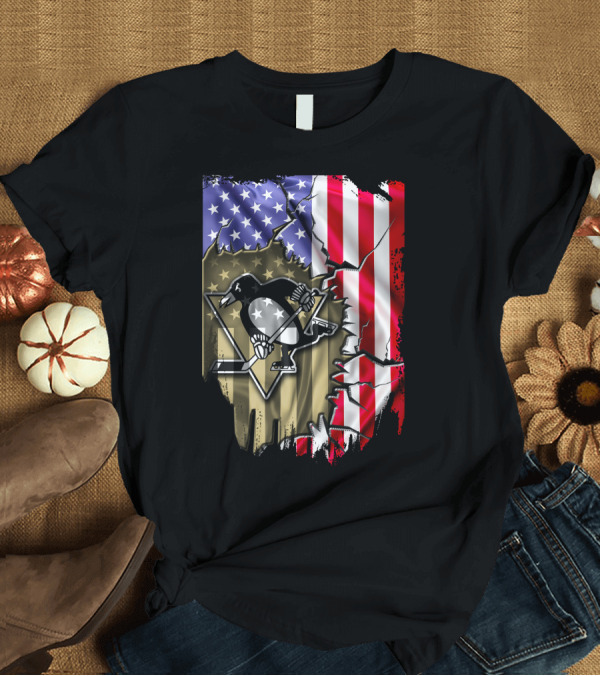 T-Shirt: Pittsburgh Penguins American Flag Ripped Background T-Shirt Pittsburgh Penguins American Flag Ripped Background T-Shirt