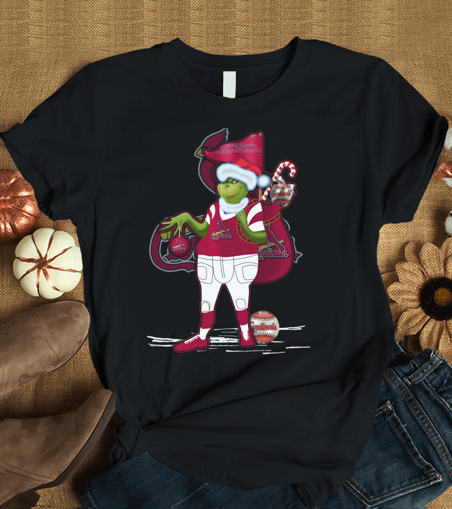 Grinchmas St. Louis Cardinals Christmas Baseball Character with Candy Cane and Baseball Gear T-Shirt
