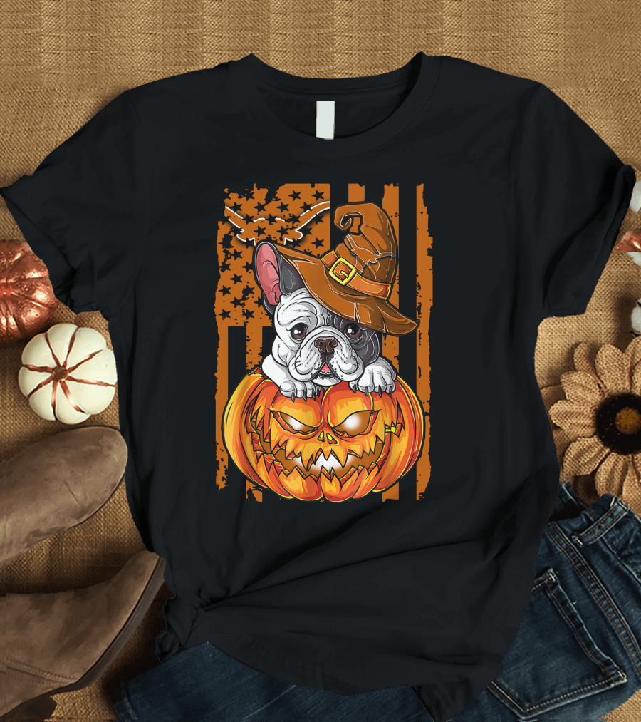 Hlw Bulldog Halloween Pumpkin Wizard Hat Stars Stripes T-Shirt