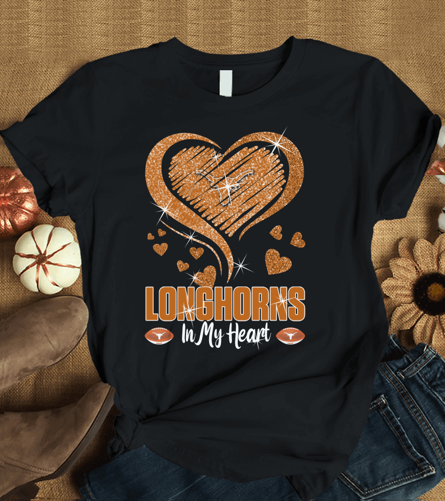 Longhorns In My Heart Glittering Orange with Football Icons T-Shirt