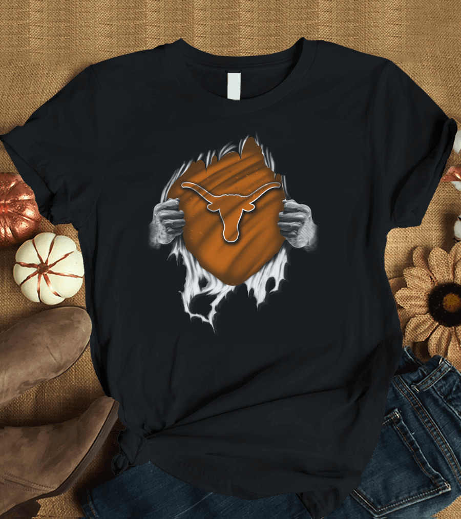 Torn Texas Longhorns Logo Revealed Behind Ripped Fabric T-Shirt