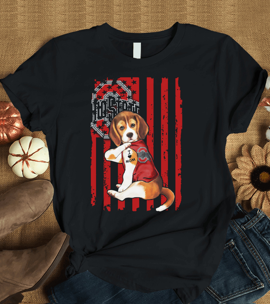 Ohio State Buckeyes Beagle with I Love Mom Tattoo T-Shirt