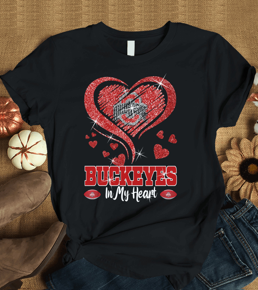 Buckeyes In My Heart Ohio State University Red Glitter Hearts Football T-Shirt