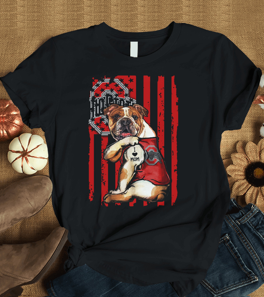 Bulldog I Love Mom Ohio State Buckeyes Vintage Red Stripes T-Shirt