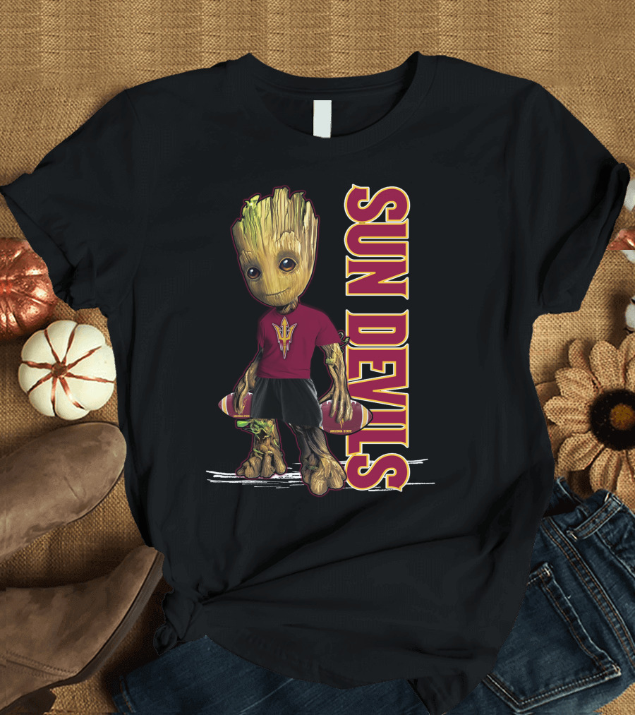 Groot Sun Devils Football Character in Maroon and Gold Team T-Shirt