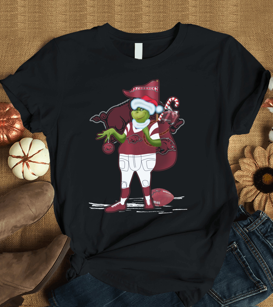 Grinchxmas Arkansas Razorbacks Santa Hat Football Candy Cane T-Shirt