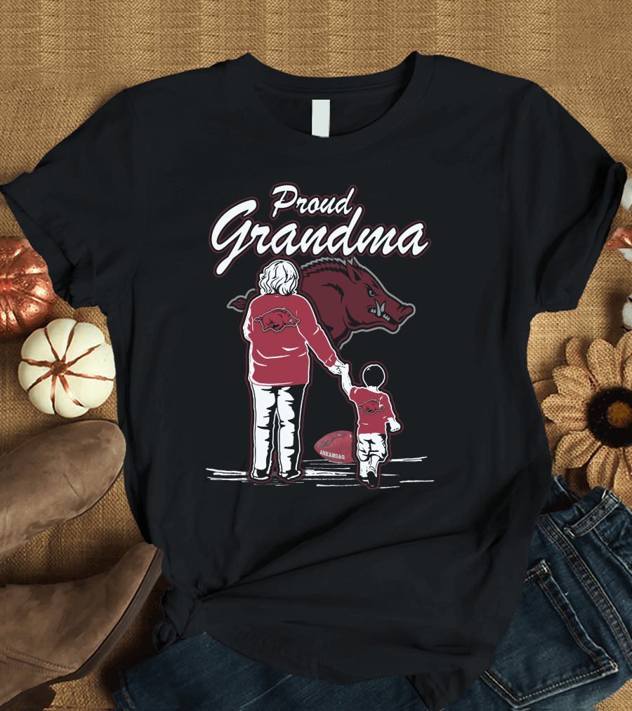 Proud Grandma Arkansas Razorbacks Walking with Child Razorback Football T-Shirt