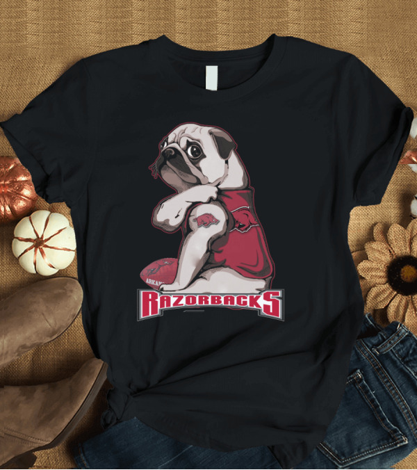 T-Shirt: Pug Wearing Arkansas Razorbacks Football Gear T-Shirt Pug Wearing Arkansas Razorbacks Football Gear T-Shirt