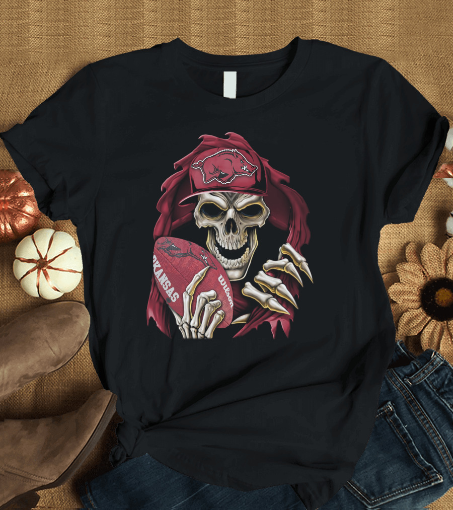 Skullbong Arkansas Razorbacks Skeleton Holding Football with Razorback Cap T-Shirt