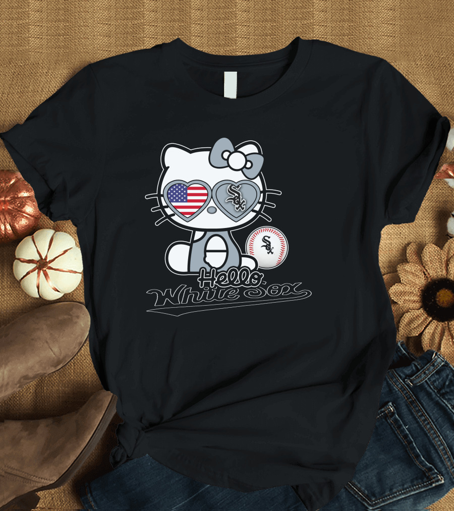 Hello Kitty Chicago White Sox Baseball USA Flag T-Shirt