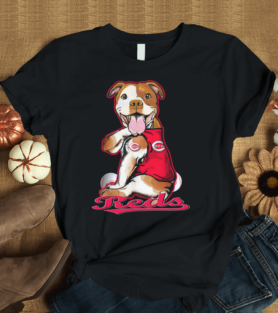 Pittbull Wearing Cincinnati Reds Jersey with Baseballs T-Shirt