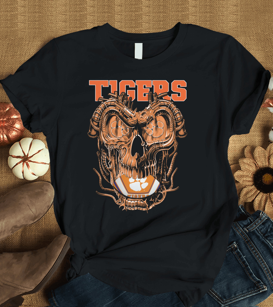 Clemson Tigers Mechanical Dragonskull with Football Elements T-Shirt