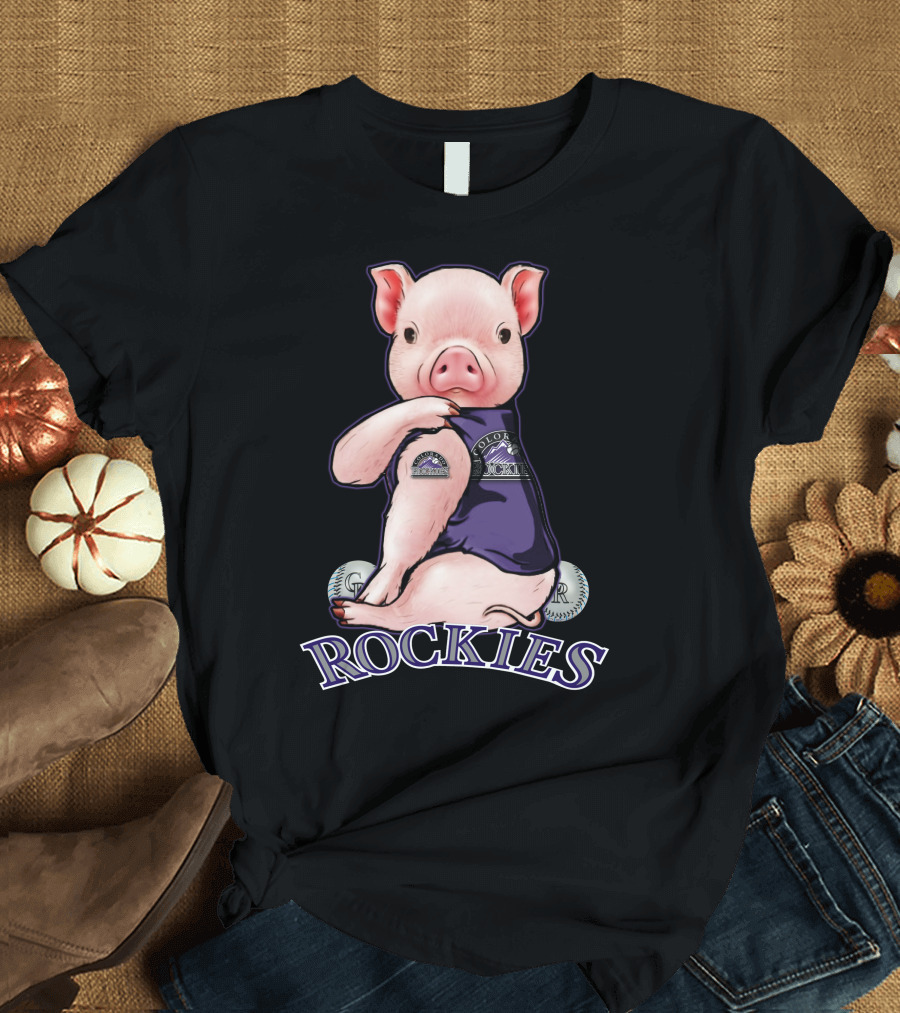 Pig Wearing Colorado Rockies Jersey with Baseballs and Rockies T-Shirt