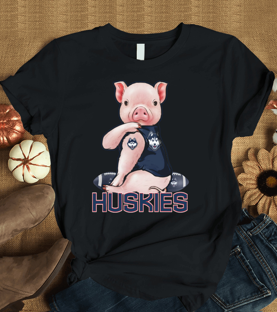 Pig Wearing Connecticut Huskies Logo Football Mascot T-Shirt