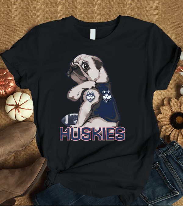 T-Shirt: Pug with Connecticut Huskies Logo and Football T-Shirt Pug with Connecticut Huskies Logo and Football T-Shirt