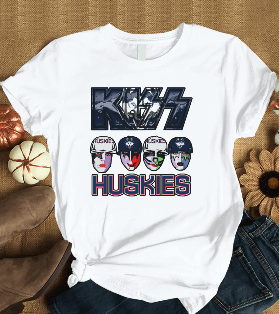 Kiss Band Style Logo with Connecticut Huskies Faces and Hats T-Shirt