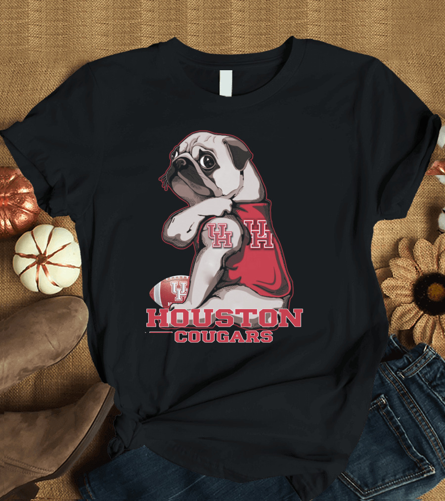 Pug with UH Logo Celebrating Houston Cougars Football T-Shirt