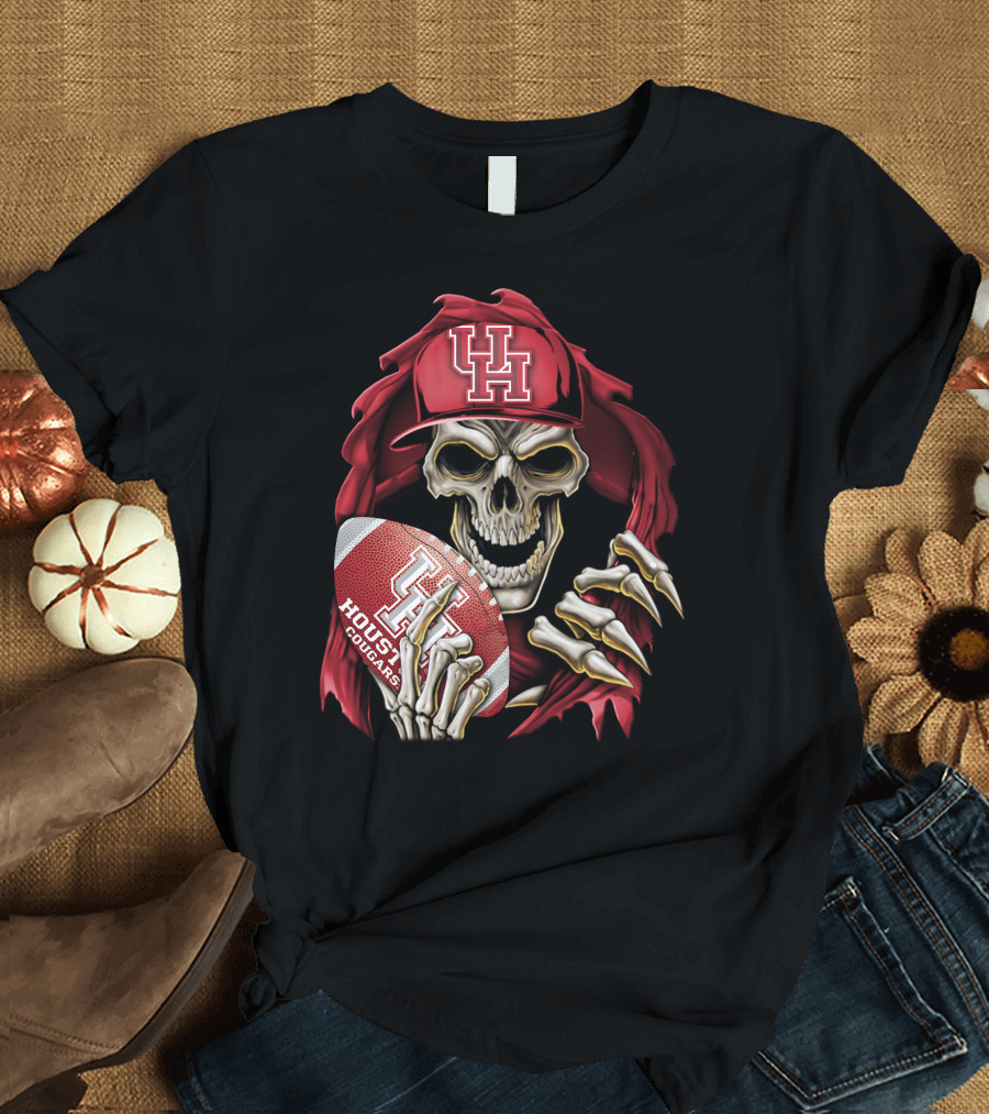 Skullbong Houston Cougars Skeleton Holding Football with UH T-Shirt