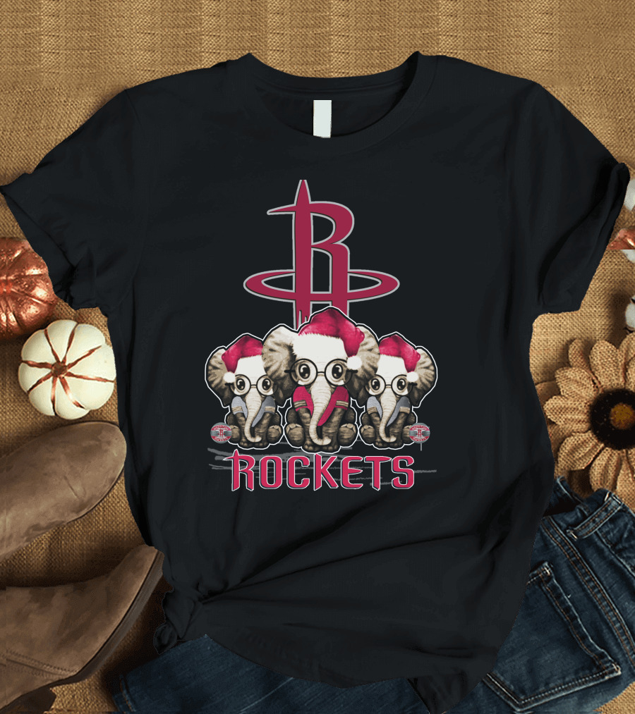 Houston Rockets Xmas Elephants with Santa Hats T-Shirt