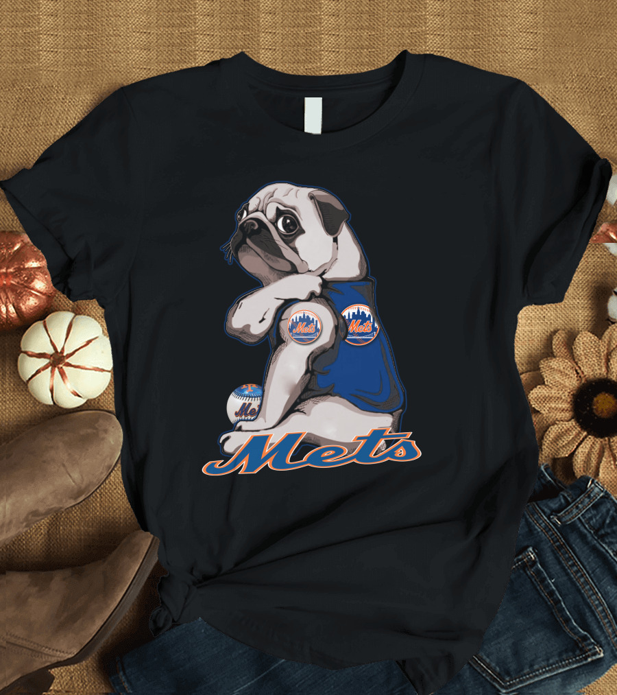 Pug Mets Baseball Team Mascot T-Shirt