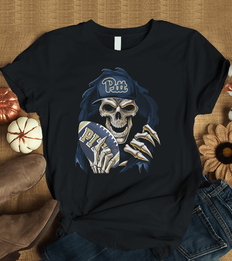 Pitt Panthers Skull Holding Football T-Shirt
