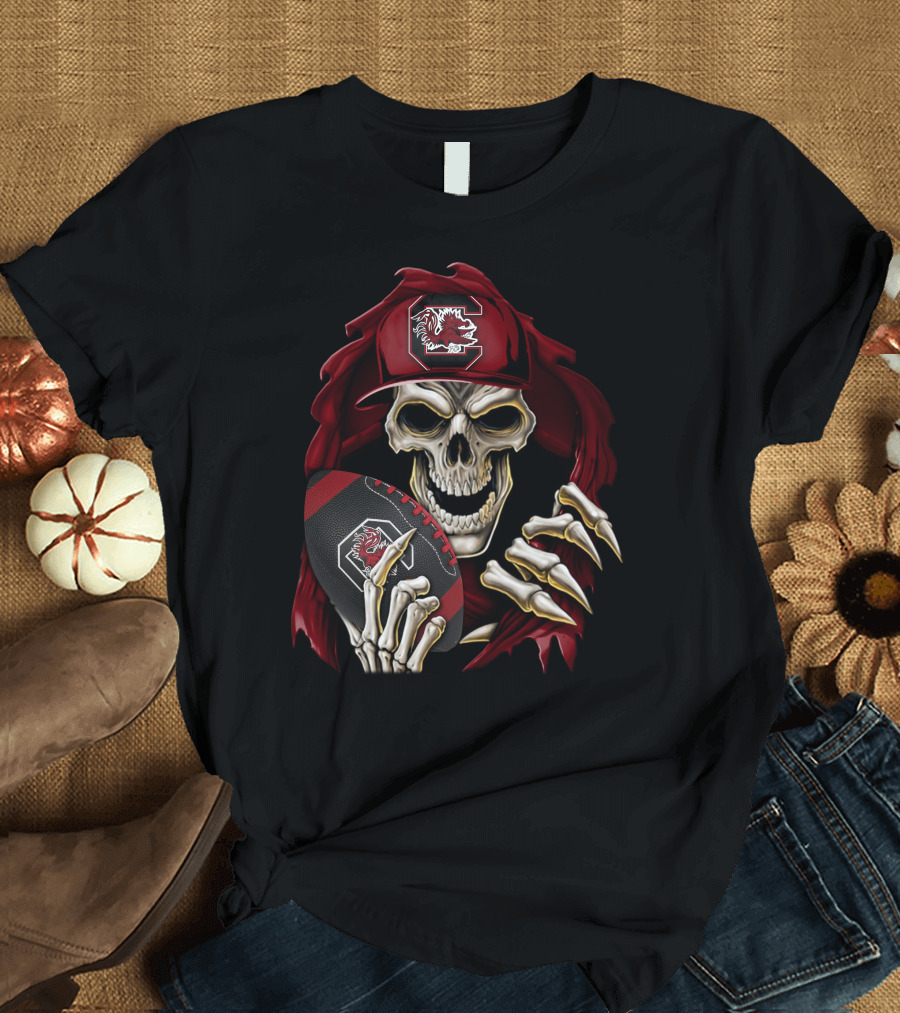 South Carolina Gamecocks Skull Holding Football T-Shirt