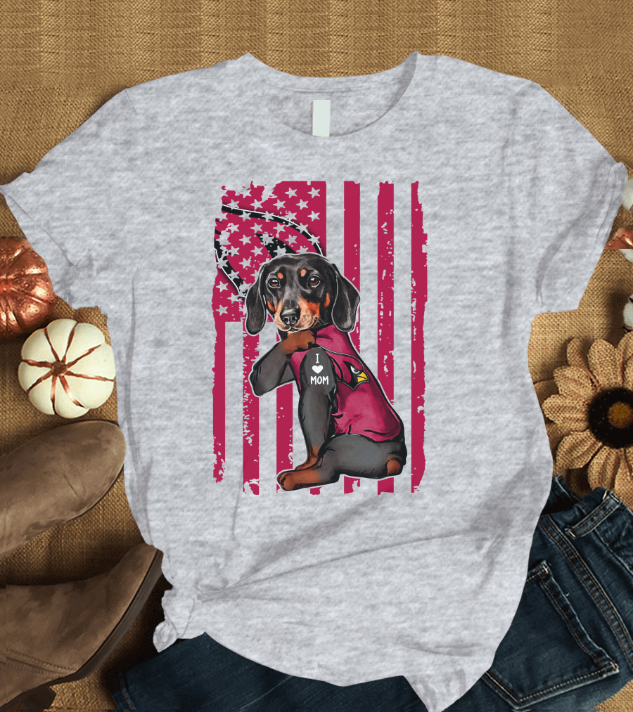 Arizona Cardinals Dachshund I Love Mom USA Flag T-Shirt