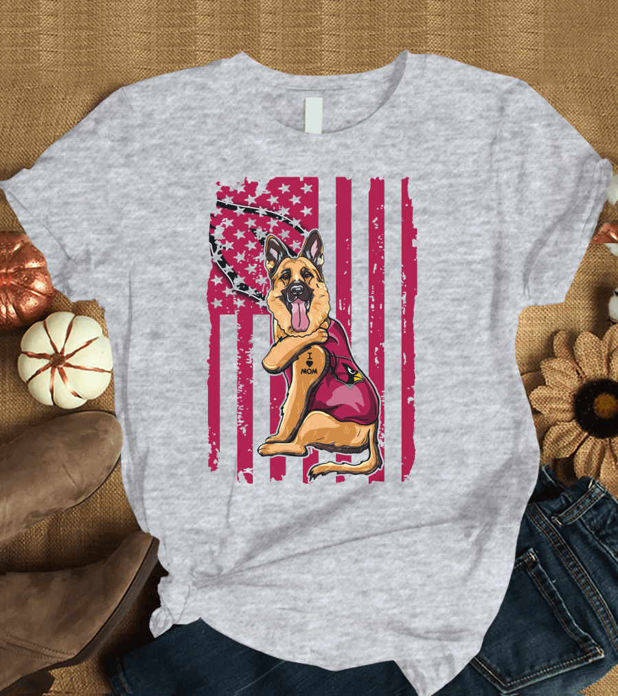 German Shepherd Wearing Arizona Cardinals Jersey with American Flag Background T-Shirt