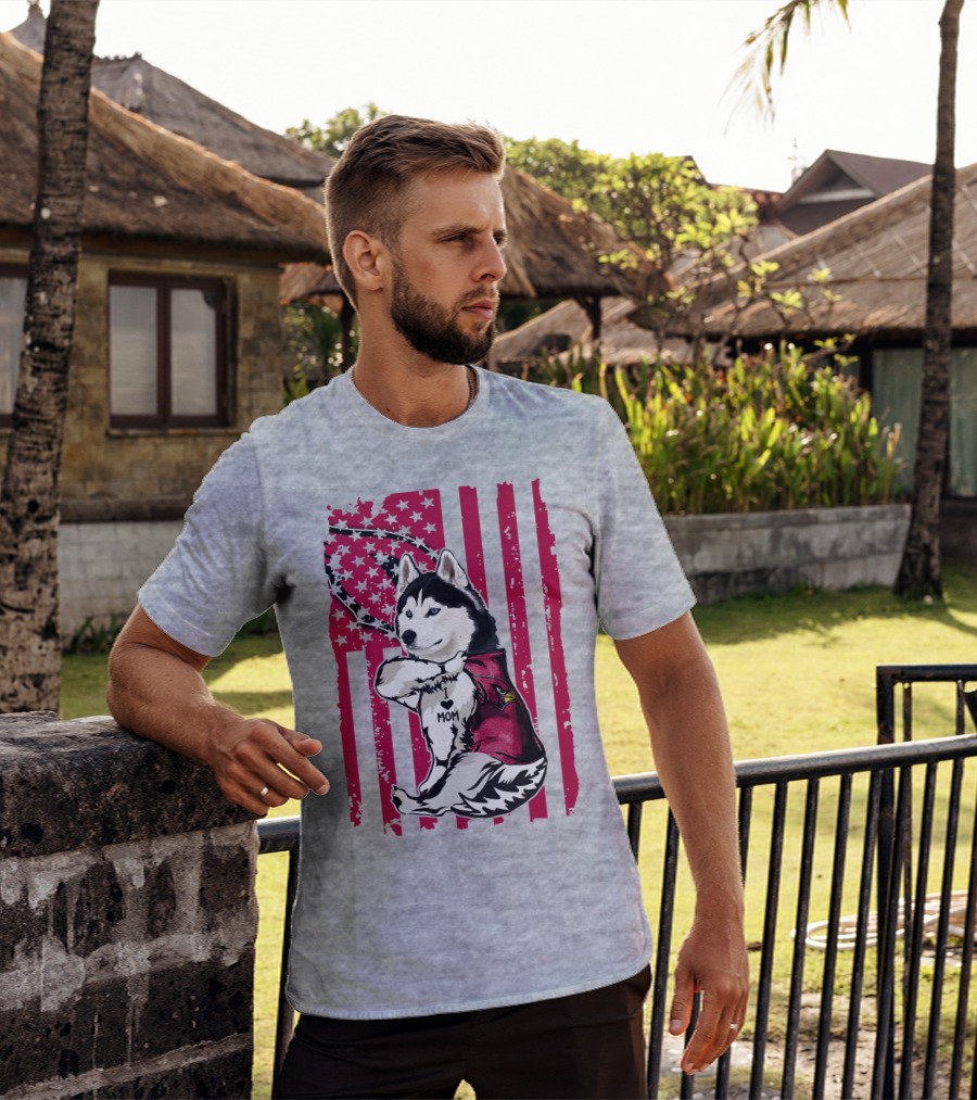 Siberian Husky I Love Mom Arizona Cardinals American Flag T-Shirt