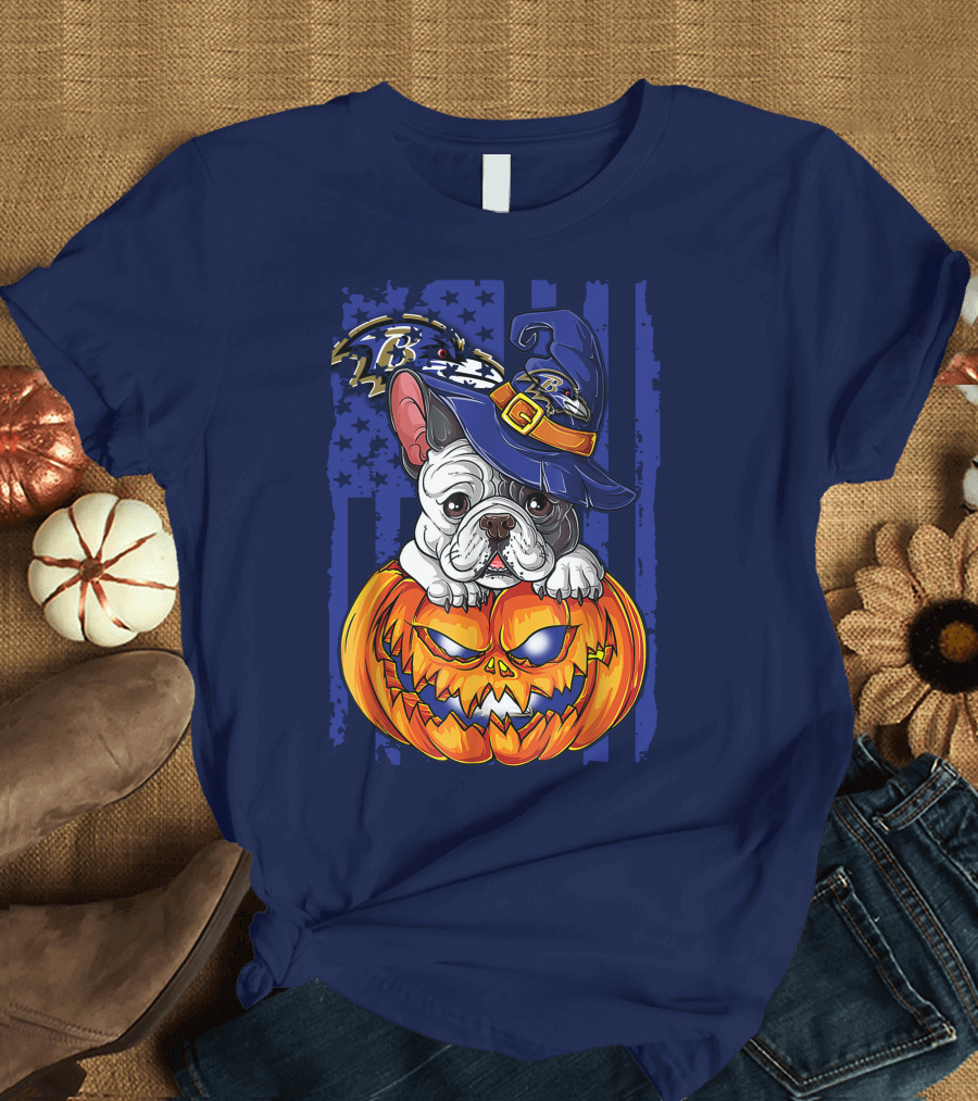 Bulldog in Wizard Hat on Jack-o'-Lantern with Baltimore Ravens T-Shirt