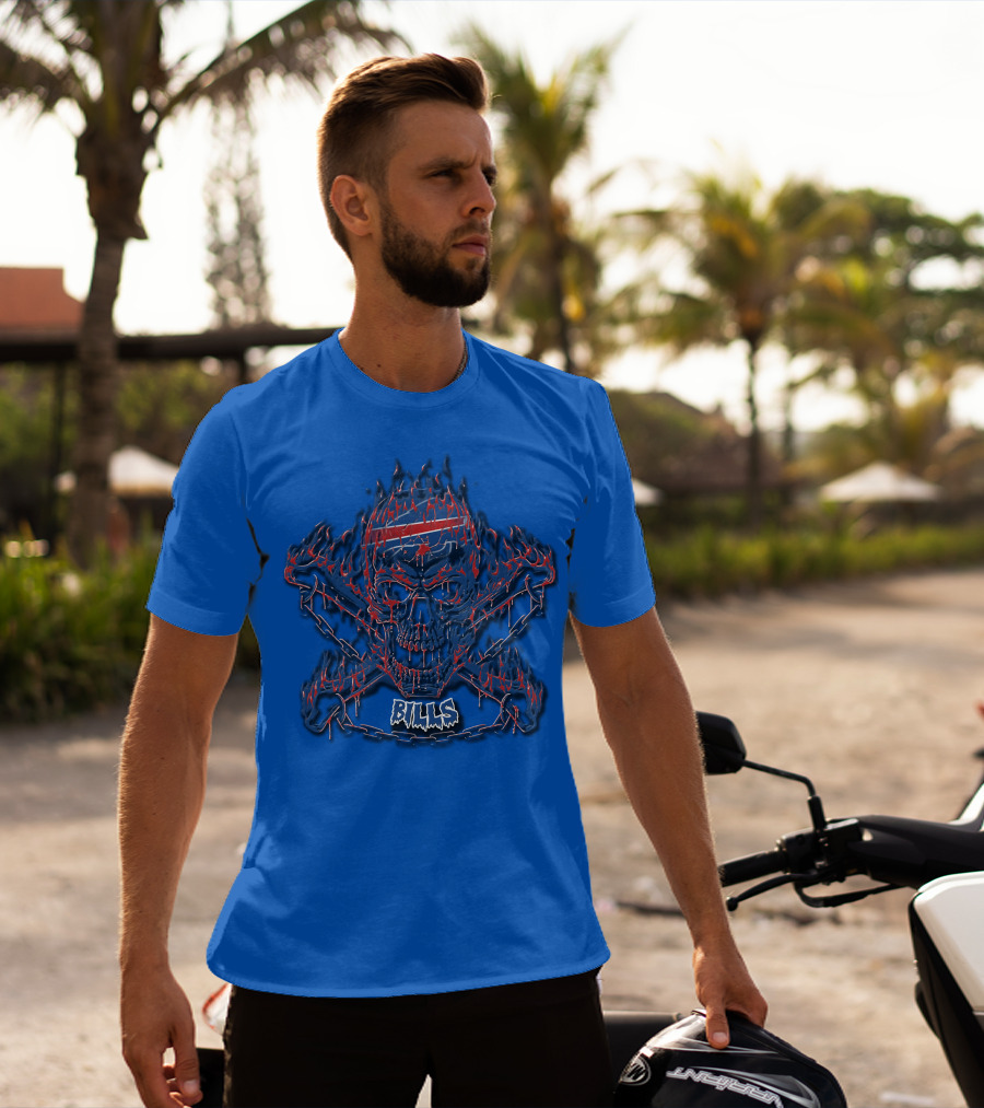 Buffalo Bills Flaming Skull Crossbones T-Shirt