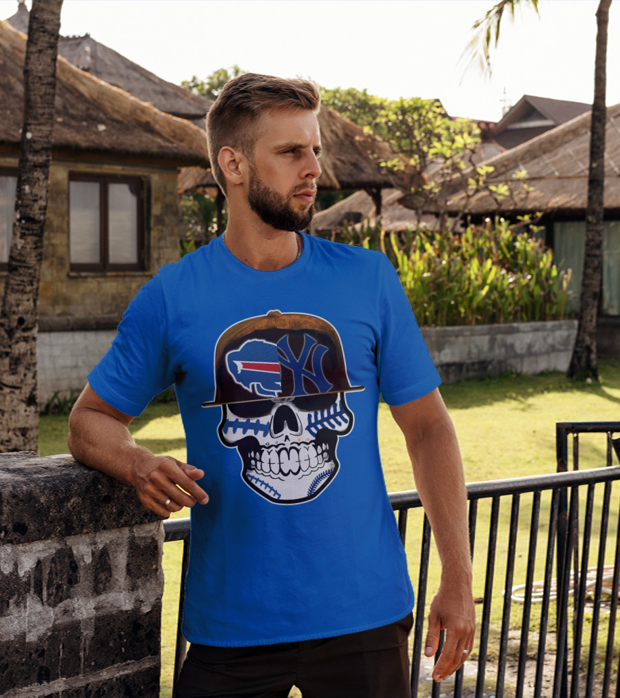 Buffalo Bills 75 Skull Design With Split Logo Yankees Cap T-Shirt