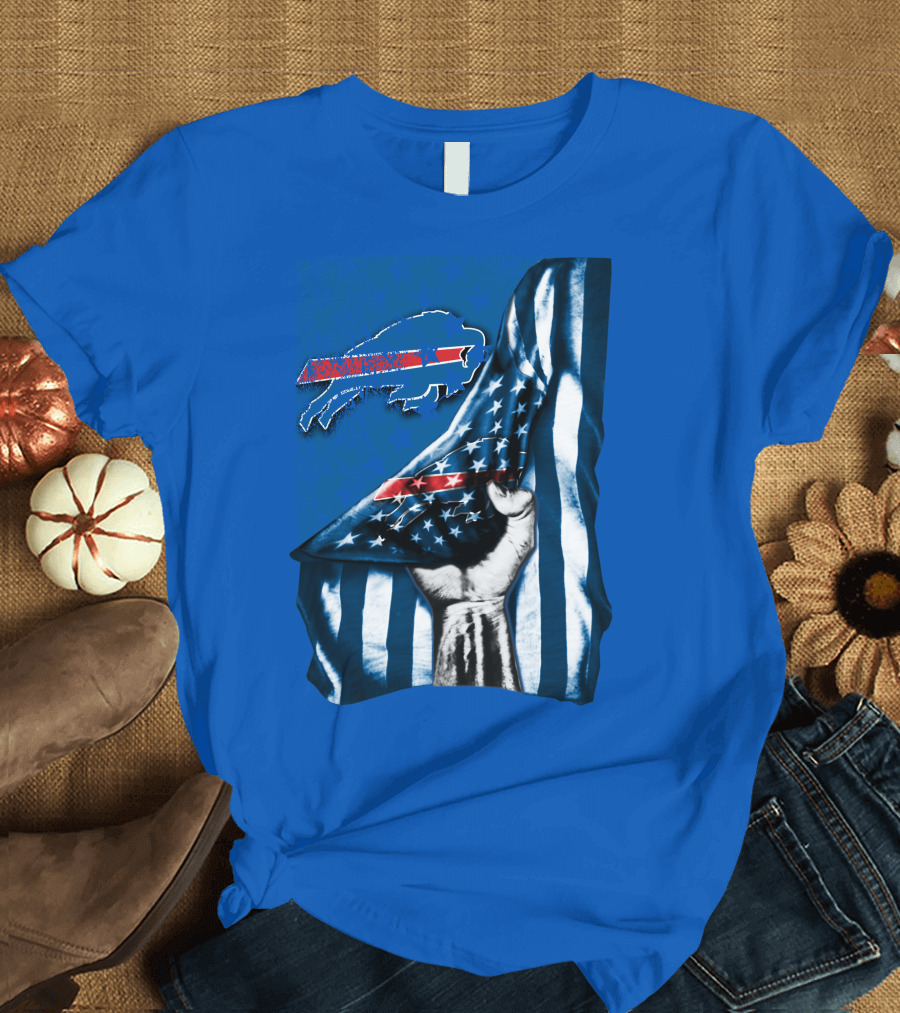 Buffalo Bills American Flag Blue Stripes Football Fan Fist T-Shirt