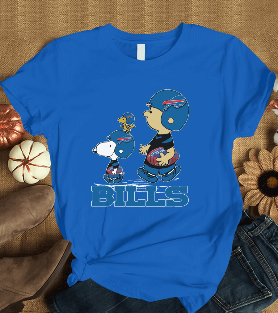 Snpfootball Buffalo Bills Snoopy Woodstock Peanuts Characters with Helmets Football T-Shirt