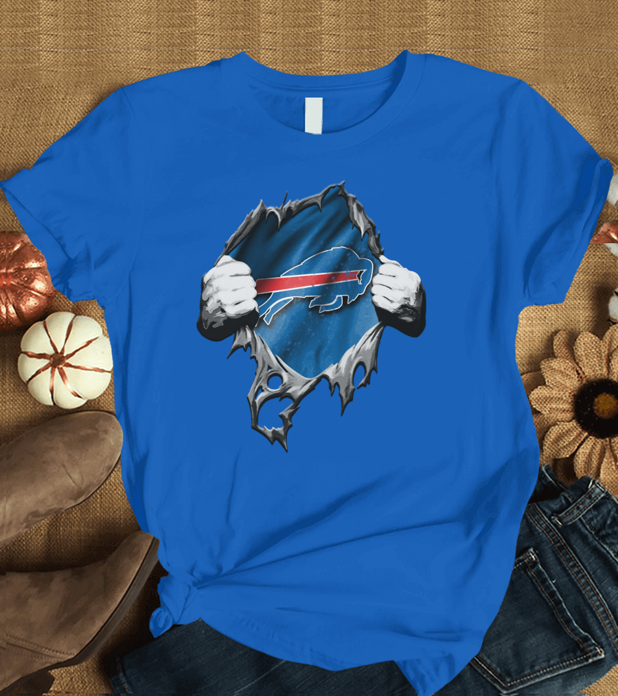 Torn Buffalo Bills Ripped Logo Hands Blue Background T-Shirt