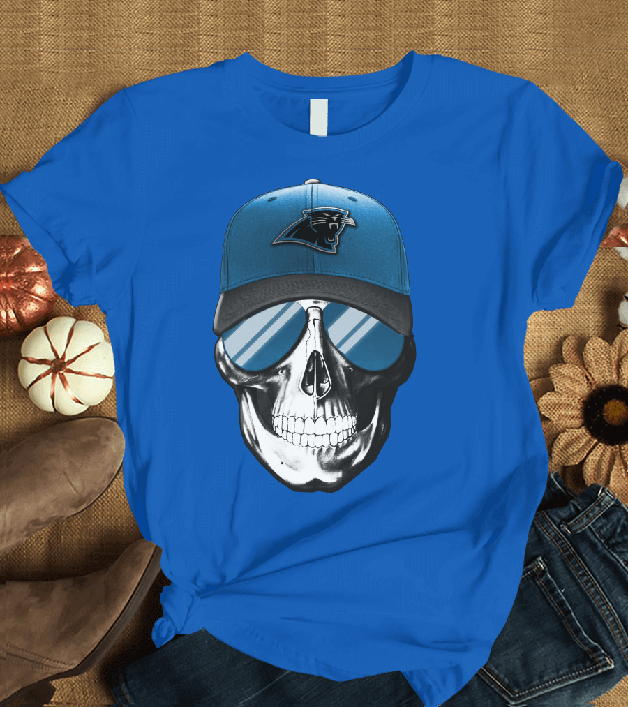 Skull Wearing Carolina Panthers Logo Hat with Reflective Sunglasses T-Shirt