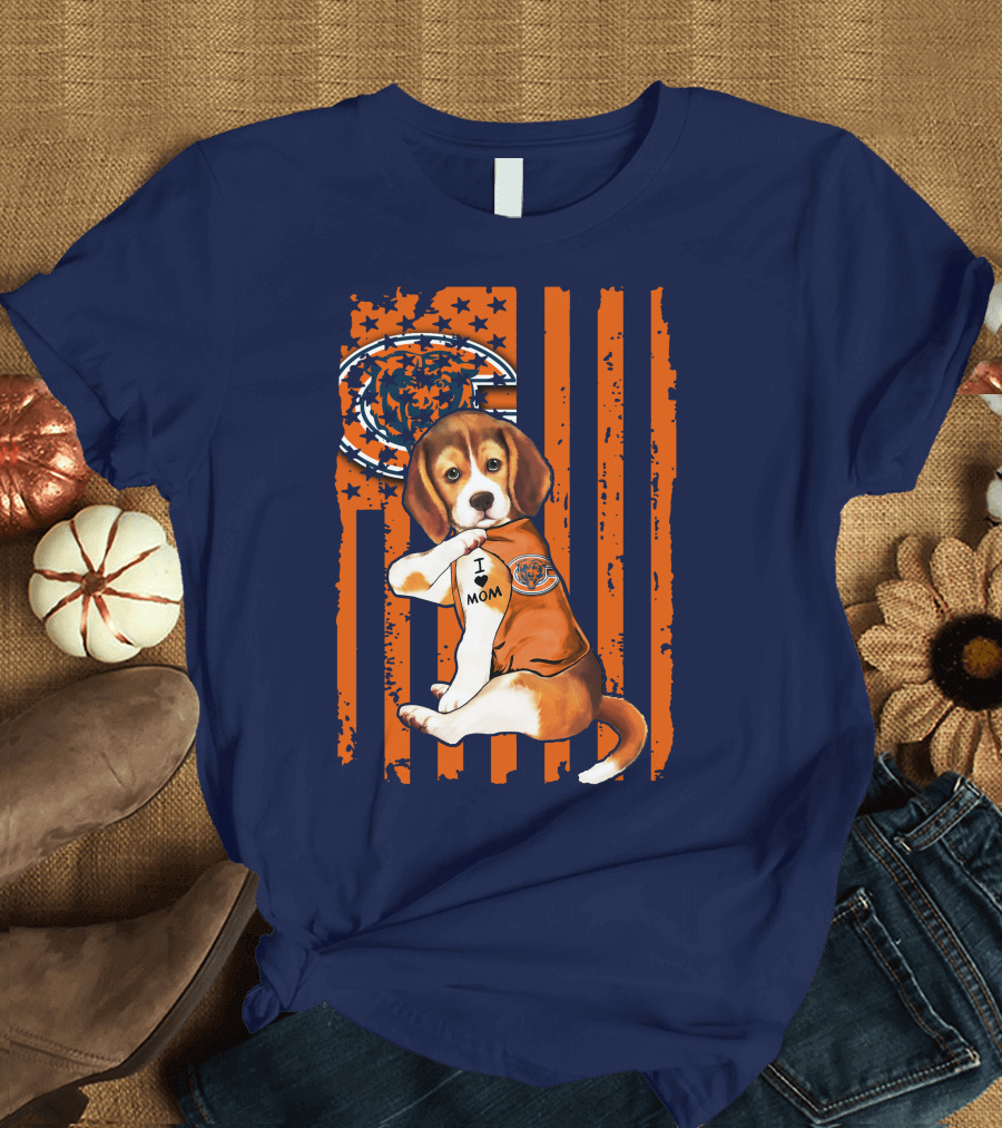 Beagle I Love Mom Chicago Bears Fan Flag T-Shirt