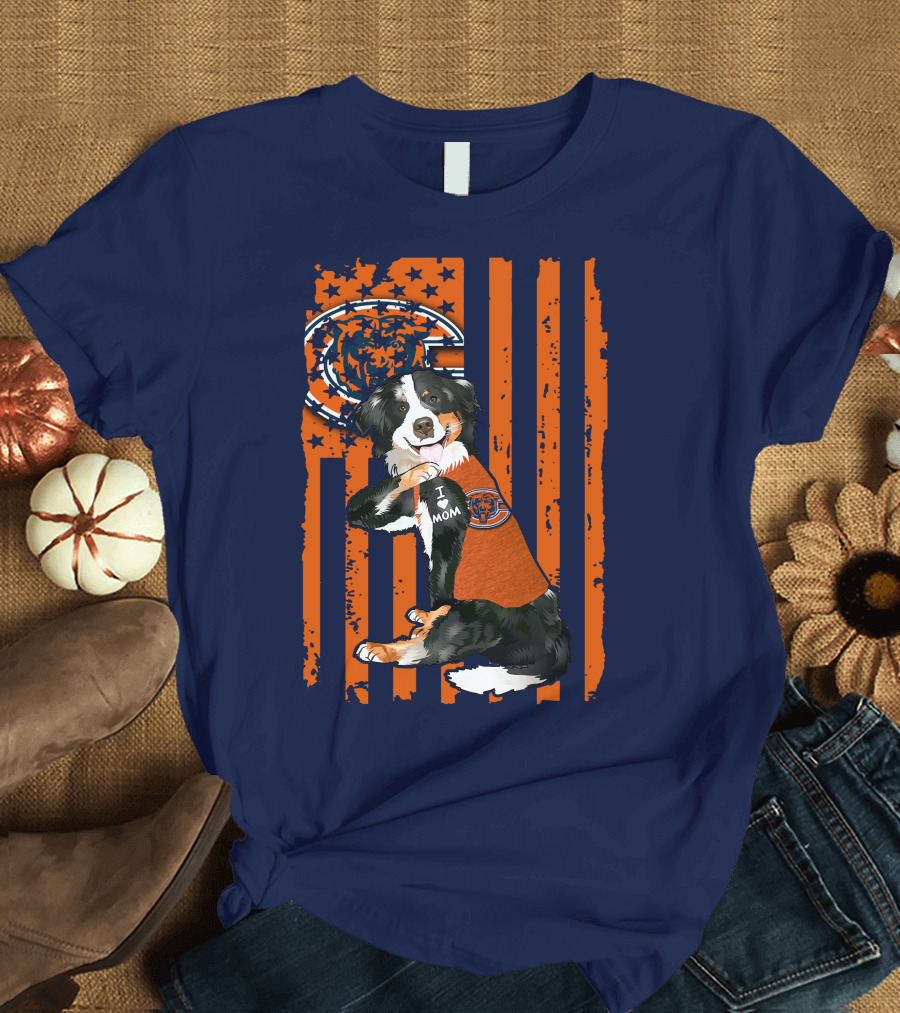 Border Collie Chicago Bears I Love Mom Football Fan Flag T-Shirt