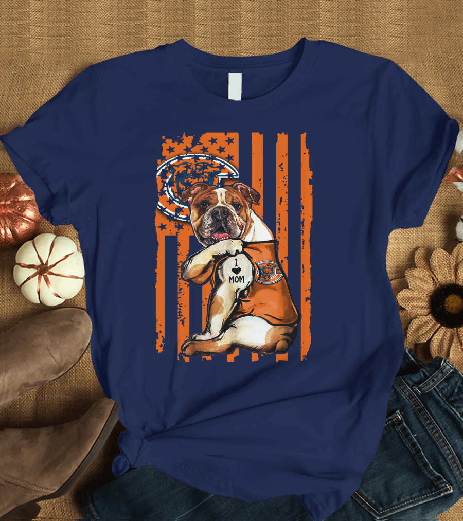 Bulldog I Love Mom Chicago Bears Orange and Blue Stripes T-Shirt