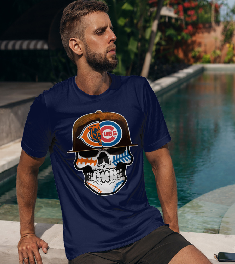 Chicago Bears Cubs Skull Cap Dual Logo Fusion T-Shirt