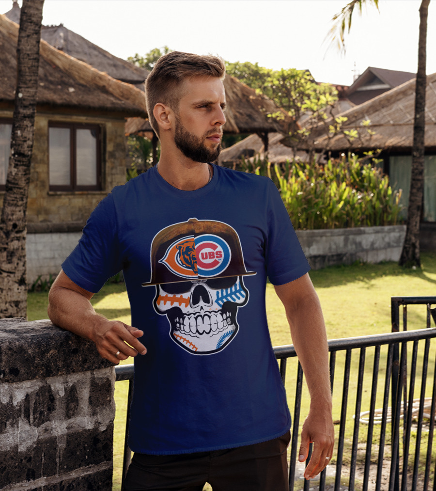 Chicago Bears Cubs Skull Cap Dual Logo Fusion T-Shirt
