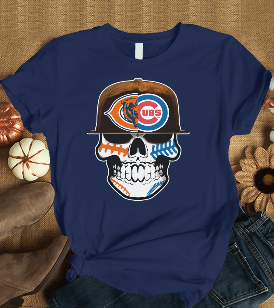 Chicago Bears Cubs Skull Cap Dual Logo Fusion T-Shirt