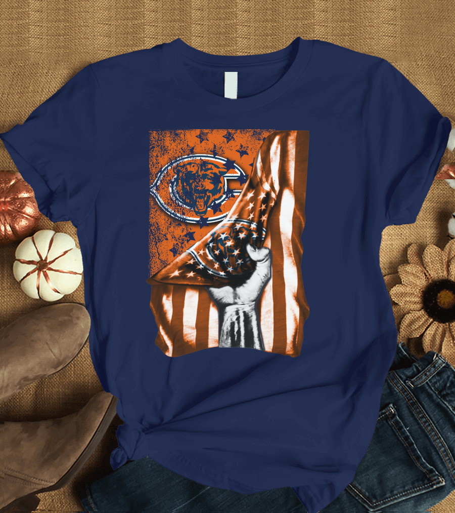Hand Lifting American Flag Over CHICAGO BEARS T-Shirt