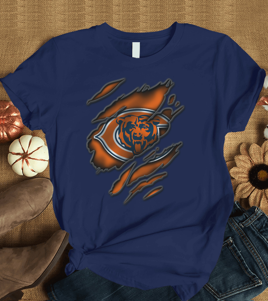 Torn Chicago Bears Logo with Bear Face and Claw Marks T-Shirt