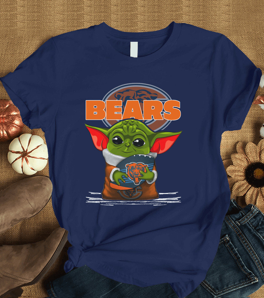 Yoda Holding Football with Chicago Bears T-Shirt