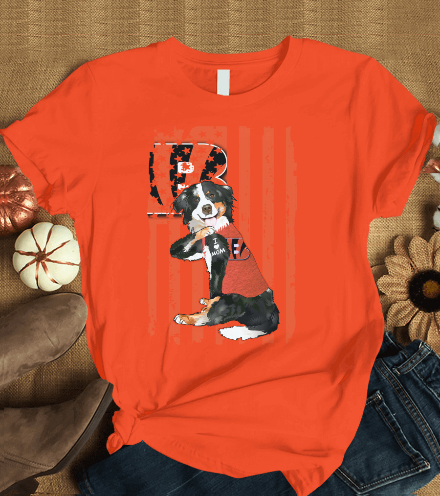 Border Collie I Love Mom Cincinnati Bengals B Retro American Flag T-Shirt