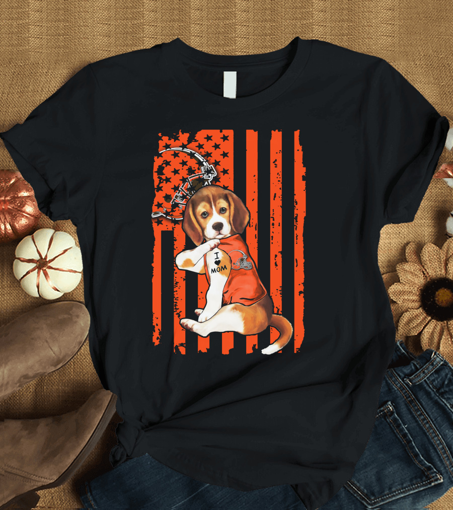 Beagle Cleveland Browns I Mom Retro Football Helmet and Stars T-Shirt