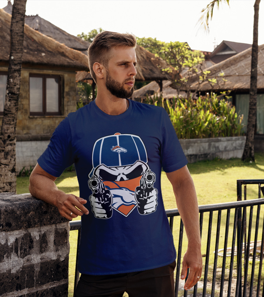 Denver Broncos Skull Bandana Dual Guns T-Shirt