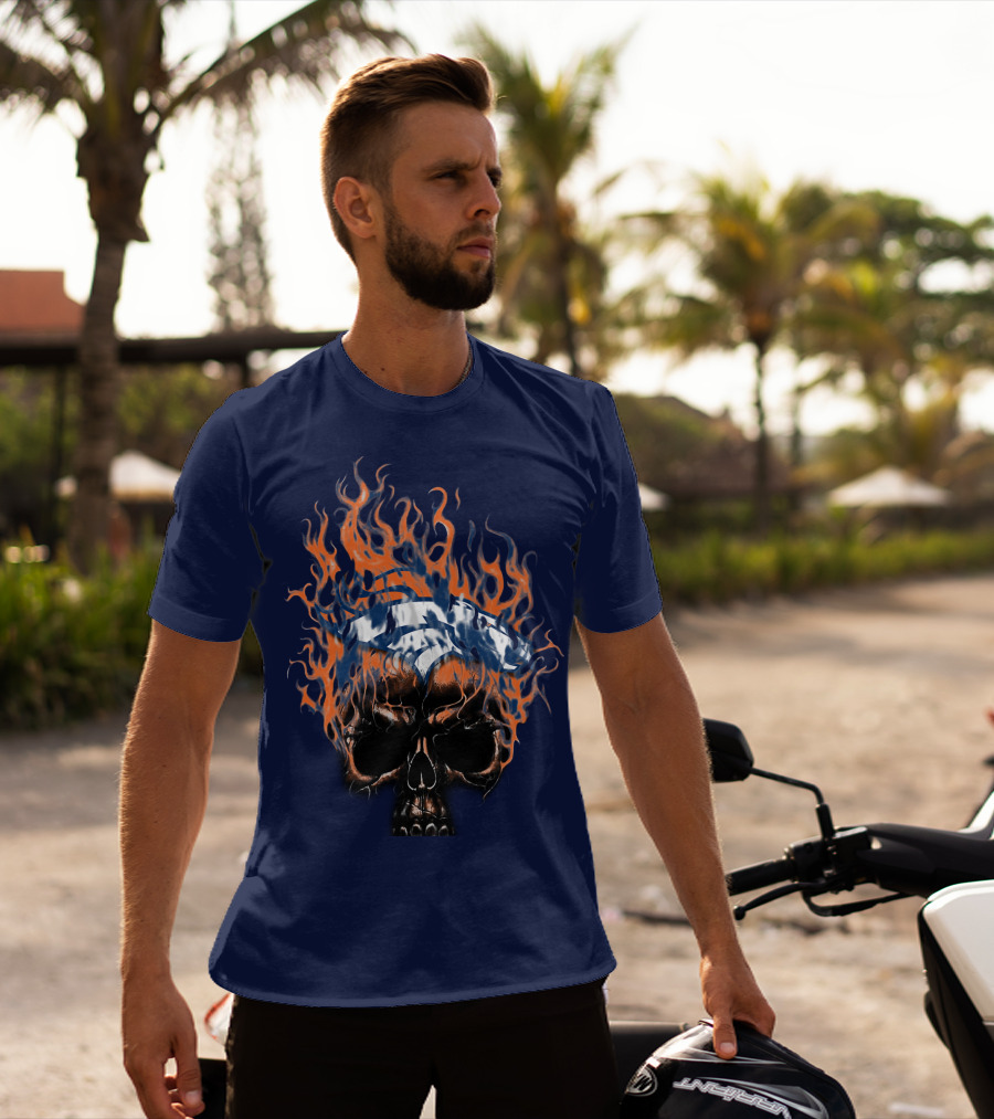 Denver Broncos 37 Fire Skull Flame Helmet T-Shirt